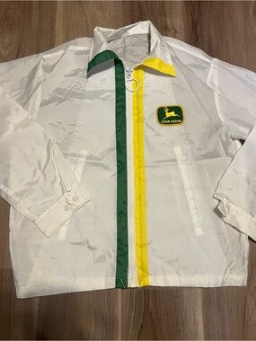 Vintage John Deere White Windbreaker with Green and Yellow Trim Sz med/large